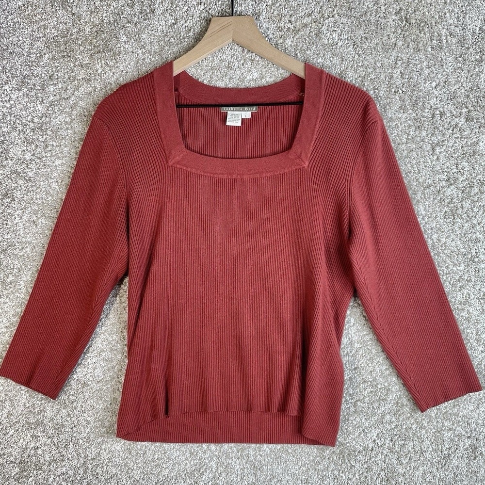 Isabella Bird Sweater Women Large Rust Orange Ribbed Square Neck 3/4 Sleeve Top‎